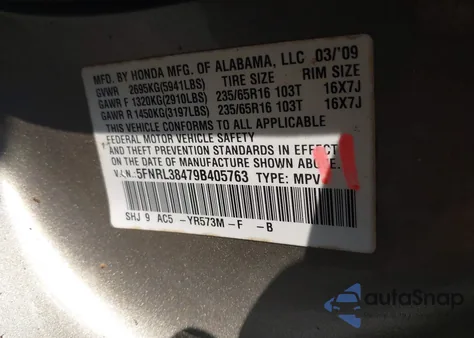 2009 Honda Odyssey Ex from USA, damaged, VIN 5FNRL38479B405763